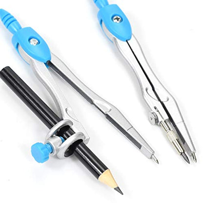 Unjoo Math Geometry Kit Sets 10 Piece Student Supplies with Shatterproof Storage Box,Includes Rulers,Protractor,Compass,Eraser,Pencil Sharpener,Lead Refills,Pencil,for Drafting and Drawings（Blue） - color: Blue