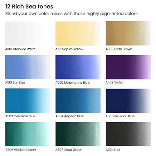 ARTEZA Gouache Paint, 12 Colors, Sea Tones, 0.4 US fl oz Tubes, Opaque Water-Based Paint for Canvas and Paper, Art Supplies for Professionals, Students