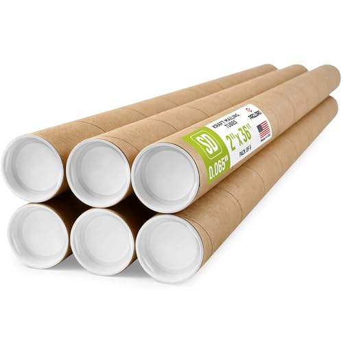 2" x 36" Reinforced Kraft Paper Mailing Tube, Pack of 6 Tubes with 12 Caps – Secure USPS Approved Poster Tube – Made in USA Cardboard Tube for Shipping and Storing Posters, Prints, Artwork - color: Standard-Duty, size: 2" x 36"