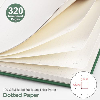 EMSHOI Dotted Journal Notebook, 320 Pages, A5 Small 5.75"x8.38", PU Leather Hardcover, 100 GSM Thick Paper, 5mm Dot Grid Notebook for Journaling, Planning, Drawing, Writing, Dark Green - color: DarkGreen, size: A5 Dotted