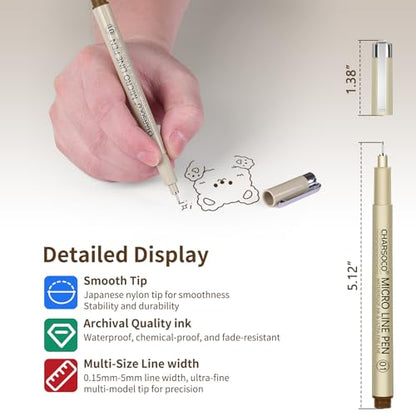 Brown Micro Pens, 12 Sizes in 0.23mm - 5mm, Waterproof Archival Ink, Fine Point Pen for Artist Illustration, Sketching, Anime, Manga and Technical Drawing - color: 12 Pack (Brown & 12 Size)
