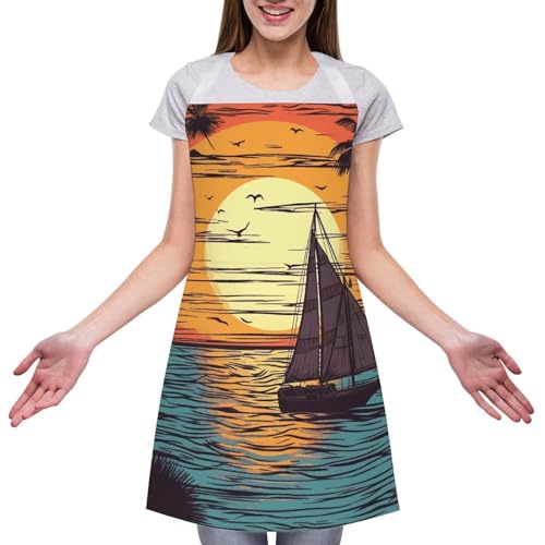 Bib Aprons Waterproof Chef Apron Fashion Painting Artist Apron | Sunset And Sailboat Apron for Men Women Adjustable Cooking Apron Funny Kitchen Aprons Polyester Art Aprons
