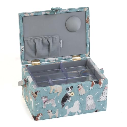 Hobby Gift Medium Sewing Box Organiser, Fabric Covered Storage Box with Handle, Internal Tray, Pin Cushion and Pocket for Sewing, Quilting and Knitting Supplies - color: Dogs