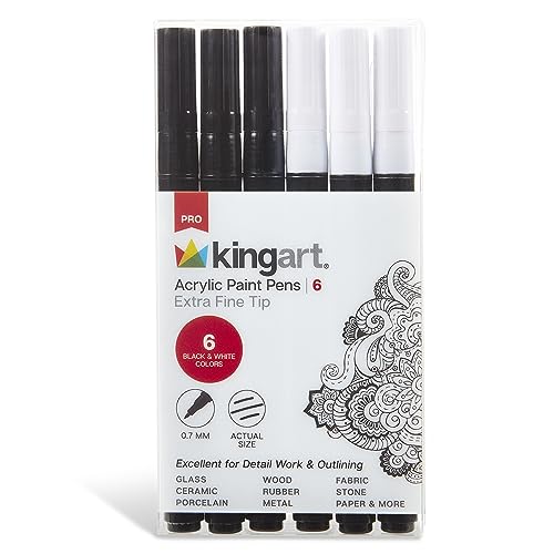 KINGART PRO Extra Fine Pt. Black & White Paint Pens, 0.7mm Tip, 6 Acrylic Paint Markers, Low-Odor & Quick Drying for Rock, Wood, Metal, Plastic, Glass, Ceramic & More, Set of 6 - color: Black & White