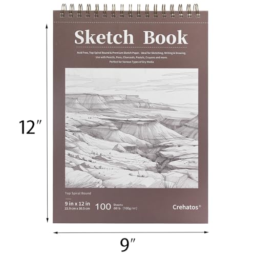 Crehatos 9" x 12" Sketch Book, Top Spiral Bound Sketch Pad, 100 Sheets 68lb/100gsm Drawing Paper, 1 Pack - size: 9" x 12" (1 Pack)