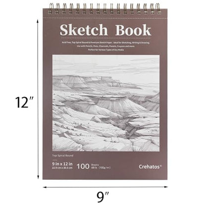Crehatos 9" x 12" Sketch Book, Top Spiral Bound Sketch Pad, 100 Sheets Each 68lb/100gsm Drawing Paper, 2 Pack - size: 9" x 12" (2 Pack)