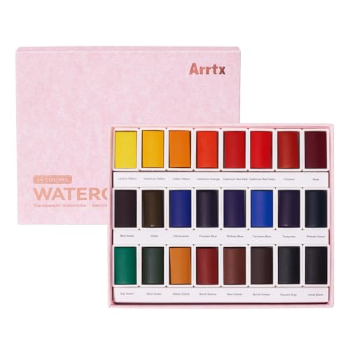 Arrtx Watercolor Paint Set, 24 Full Pans with Vibrant Colors - Non-Toxic, Lightfast Professional Art Supplies Ideal for Sketching, Illustration & Travel Use