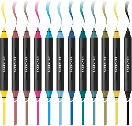 Sketcher Twin Tip Molotow Marker Set 12 Pack - Aqua Pro Ink Dual Nib 2-5mm Ink Pen Art Drawing Bundle (Main 3) - style: Main Kit 3