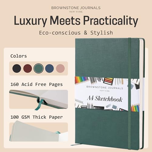 BROWNSTONE JOURNALS A4 Sketch Book Hardcover - 80 Sheets 100 GSM Paper 8.5"x11.5", Lay Flat, Vegan Leather Cover, Elastic Band, Back Pocket, Art Drawing Book (Dartmouth Green) - color: Dartmouth Green, size: A4 (8.5" x 11.5")