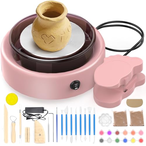 Skirfy Mini Pottery Wheel for Beginners Adults with Foot Pedal9.5" Ceramic Machine for Kids Art Craft Glow in Dark Kits 2.2LB Air-Dry Clay,Carving Tools Adjustable Speed,DIY Projects Birthday Gift - color: Pink