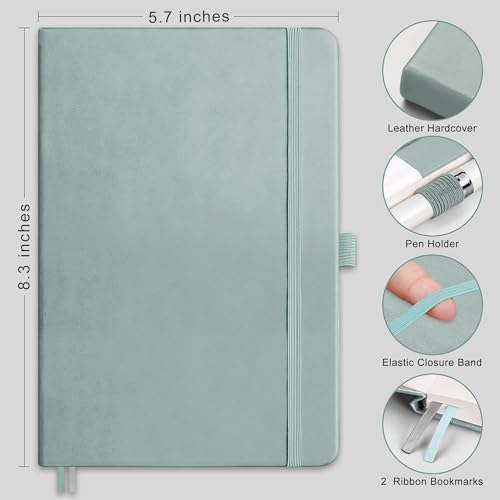 AHGXG Dotted Journal Notebook, 160 Numbered Pages, A5 Medium Size (5.7'' x 8.3''), 120 GSM Thick Paper, Leather Hardcover, for Journaling, Planning, Tracking (Gray Blue) - color: Gray Blue, style: Dotted
