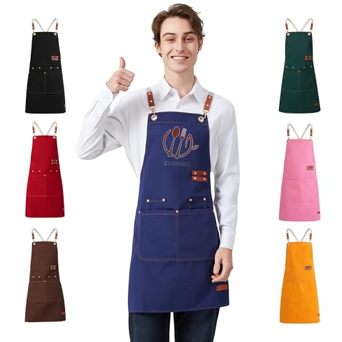Personalized Waterproof Canvas Apron Custom Logo - Heavy Duty Cross Back 4 Pockets for Men Women Chef Barista - color: Blue 1