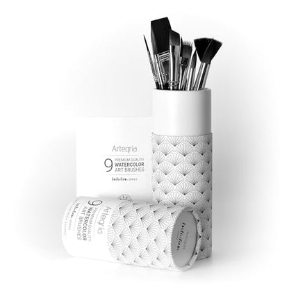 ARTEGRIA Watercolor Brush Set, 9 Professional Soft Synthetic Squirrel Paint Brushes, Including Round Detailers, Flat Wash, Rigger, Rake, Fan, Angled Shader - color: Black - 9pcs