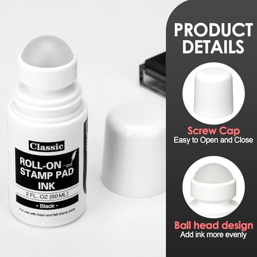 MotiMind 2 Pack Black Roll-on Stamp Pad Ink Refill 2 oz Roll-on Ink Refill Self Inking Stamps Pads for Foam Felt Stamp Pads Pad with Roller Ball - color: Black
