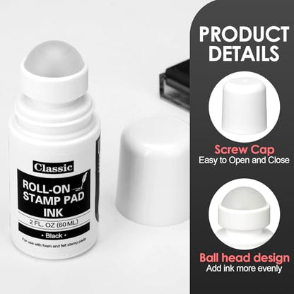 MotiMind 2 Pack Black Roll-on Stamp Pad Ink Refill 2 oz Roll-on Ink Refill Self Inking Stamps Pads for Foam Felt Stamp Pads Pad with Roller Ball - color: Black