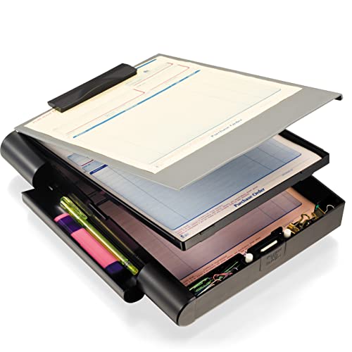 Officemate Double Storage Clipboard, Form Holder with 2 Compartments, Magnetized Storage, Pen Holder & Clip, Letter Size, Recycled Plastic, Gray/Black (83357) - size: Letter size