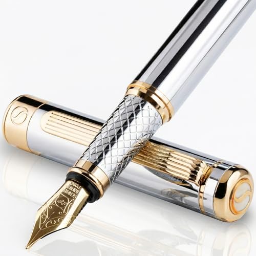 Scriveiner Silver Chrome Fountain Pen - Stunning Luxury Pen, Real Gold Finish, Schmidt Gilded Nib (Extra Fine), Best Gift Set for Men & Women Professional Executive Office Nice Designer Pen - color: 10. Silver Chrome with Gold, style: Extra Fine Nib