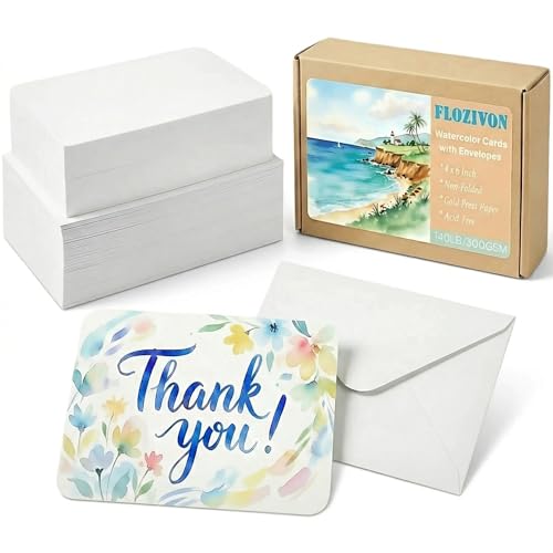 100 Sets Watercolor Paper, 4x6 Inch Watercolor Cards with Envelopes, 140lb/300gsm Water Color Paper, Art Supplies for Adults Kids, Cold Press Textured Cotton Sheets, Artist Painting Drawing Postcards
