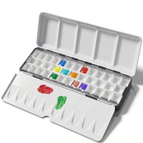 DUGATO Medium Empty Watercolor Palette Tin with Lid, Holds 37 Half Pans | Artists Metal Travel Box with 6 Fold-Out Mixing Areas for Travel, Painting, Watercolor Mixing, Art Class and Studio Use - size: Medium