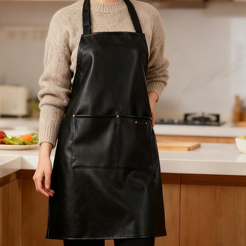 eywlwaar PU Waterproof Apron with 2 Big Pockets Adjustable Oil Proof Apron for Kitchen Dishwashing Cooking 29.92"x 26.77" - color: Black