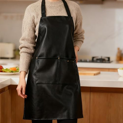 eywlwaar PU Waterproof Apron with 2 Big Pockets Adjustable Oil Proof Apron for Kitchen Dishwashing Cooking 29.92"x 26.77" - color: Black