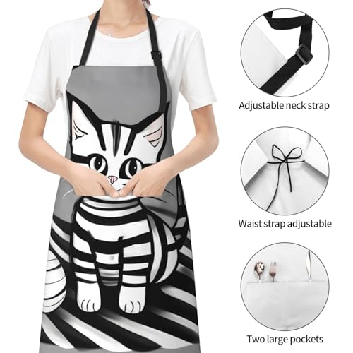 Round watercolor painting Heavy Duty Waterproof Apron with Pockets for AdultsResistant Grilling, Gardening, Painting - color: Play Ball Kitty