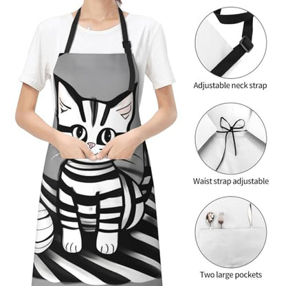 Round watercolor painting Heavy Duty Waterproof Apron with Pockets for AdultsResistant Grilling, Gardening, Painting - color: Play Ball Kitty