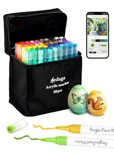 60 Colors Acrylic Paint Markers with App Dual Brush and Fine Tip Paint Pens | Multi-surface | Odorless | Free APP | Water-based | for Eggs Wood Rock Canvas Fabric Plastic Stone Glass Ceramic DIY Crafts - color: 60 Colors