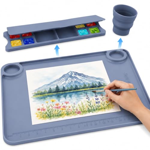 Silicone Painting Mat with Cup and Palette Removable, 17"X13" Thick Silicone Art Mat for Craft with Raised Edge for Resin DIY Making, Gray - color: Gray