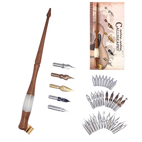 Calligraphy Oblique Dip Pen Holder Set, Wooden Pen Handle with 35 Stainless Steel Pen Nib Manga Dip Pen Kit for Drawing Comic Hand Lettering Signing, White - color: White