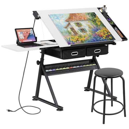 ZENY Adjustable Drafting Table with Stool, Tilting Drawing Desk Artist Table with Storage Drawers, Art Craft Workstation for Home Office Reading, Writing, Crafting (White-with Outlet) - color: White-with Outlet