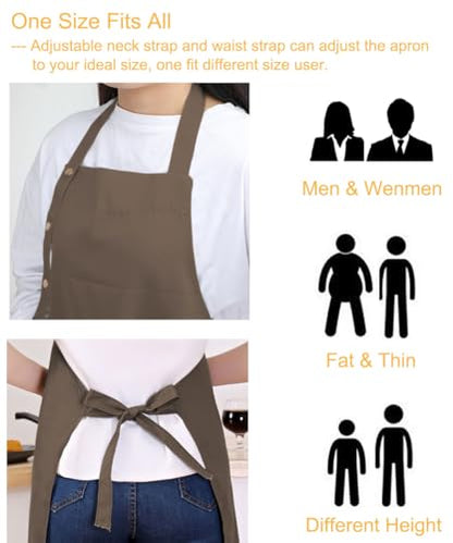 Kitchen Cooking Apron for Women Men with Big Pockets Canvas Waterproof Aprons for Server Pottery Artist Chef Apron - color: Khaki