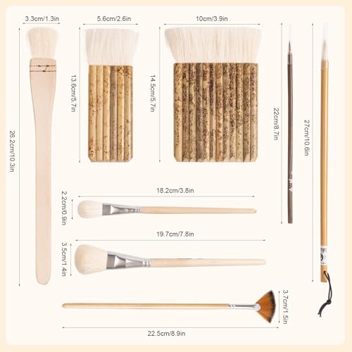 Set of 8 Pottery Glaze Brushes Tools, Wool Soft Bristle for Ceramic Glazing Acrylic Watercolor Oil Painting, Mop, Hake, Sumi, Fan, Fine Brush for Clay Wheel Kiln Blending Art Supplies - color: 8pcs