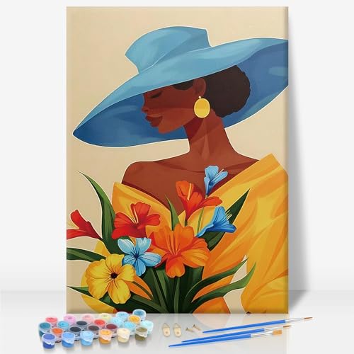 Camocin Framed Paint by Numbers Kit for Adults Beginner - Elegant Black Woman Paint by Number Canvas with Frame, Afrocentric Floral DIY Acrylic Painting Kit for Modern Home Wall Decor 8x12 Inch - color: BlackWomen-1, size: 8x12 Inch