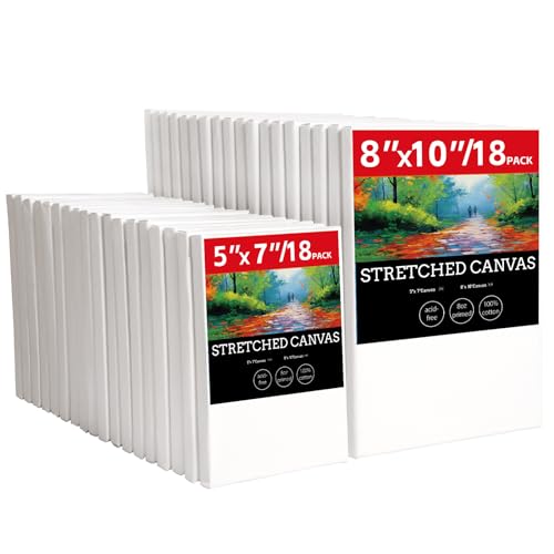 36 Pack Stretched Canvases for Painting with 18 Packs of 5''x7,8''x10 100% Cotton Blank Painting Canvas for Oil, Acrylic Paint & Other Painting Media - size: 18 Pack of 5x7 and 8x10