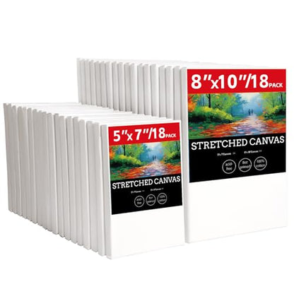 36 Pack Stretched Canvases for Painting with 18 Packs of 5''x7,8''x10 100% Cotton Blank Painting Canvas for Oil, Acrylic Paint & Other Painting Media - size: 18 Pack of 5x7 and 8x10