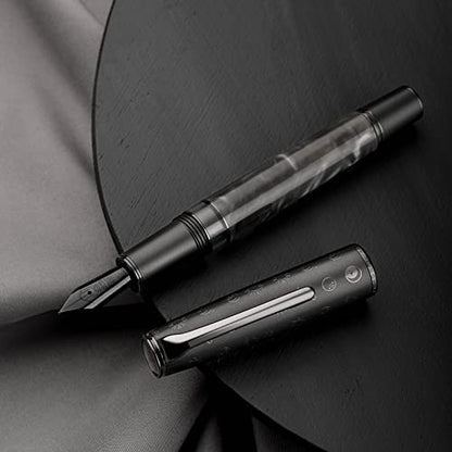 Hongdian N7 Gray Rabbit Resin Piston Fountain Pen, Iridium Long Blade Fine Nib Classic Pen, Smooth Writing Pen with Metal Box - color: Gray-N7, style: Long Blade Point