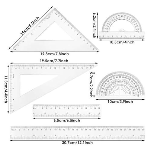 7Pcs Math Geometry Set - Ruler, Triangle, Protractor & Compass Kit, Clear Plastic Drawing Tools for School, Office, Math Class & Art Drafting