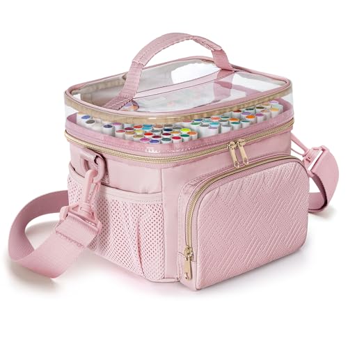 Rexmica Marker Organizer Case for 100 Markers, Small Marker Storage Organizer Bag with Divider and Shoulder Strap, Marker Travel Carrying Case with 3 Pockets, Pink (Patented Design) - color: Pink