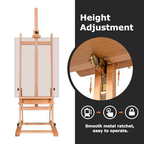 DJAR Large H-Frame Art Easel for Painting, Hold Canvas up to 49’’, Natural | Solid Beech Wood Adjustable Floor Stand with Storage Tray, Premium Art Supplies for Professional Artists, Students and Adults