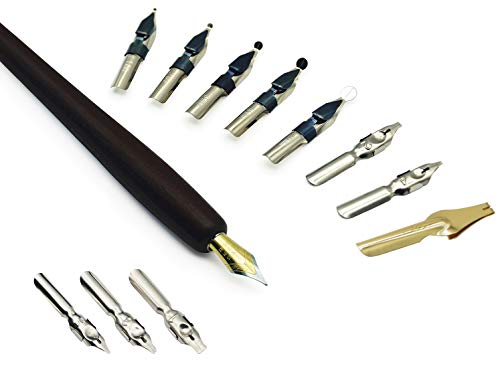Calligraphy Pen Set – Includes Wooden Dip Pen, Antique Brass Holder, 11 Nibs, 7 Colors Ink Bottles and Beginner's Manual - color: 7 colors