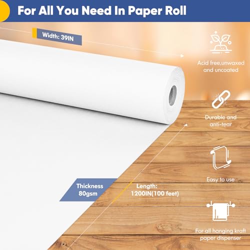 Vanhench White Wrapping Paper Roll 39"×1200" (100FT), Bulletin Board Paper, Arts & Crafts, Bouquet Flower Paper, Painting Drawing Paint Easel Poster Chart Paper, Classroom Art Supplies 70GSM 50LB - color: White, size: 39" X 100'