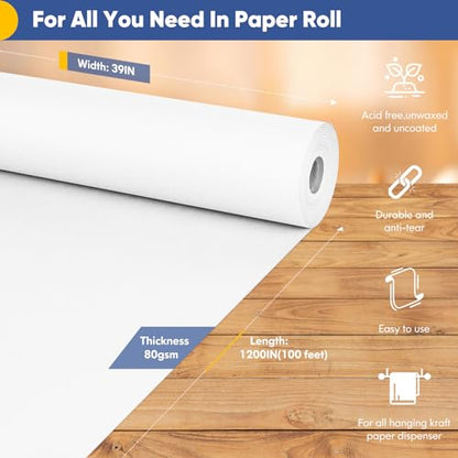 Vanhench White Wrapping Paper Roll 39"×1200" (100FT), Bulletin Board Paper, Arts & Crafts, Bouquet Flower Paper, Painting Drawing Paint Easel Poster Chart Paper, Classroom Art Supplies 70GSM 50LB - color: White, size: 39" X 100'
