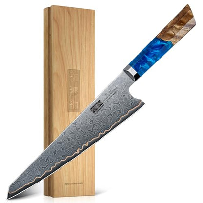 HOSHANHO Damascus Chef Knife 8 Inch, 67-Layer Damascus Super Steel Professional Kitchen Knife, Ultra Sharp Japanese Cooking Knives, Ergonomic Blue Resin Stabilized Wood Handle with Wood Gift Box - size: 8"