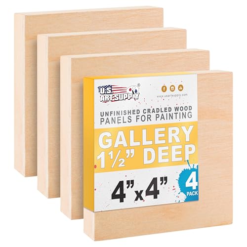 U.S. Art Supply 4" x 4" Unfinished Cradled Wood Panels for Painting, Gallery 1-1/2" Deep (4 Pack) - Artist Depth Birch Wooden Wall Canvases - Mixed-Media Craft, Acrylic, Oil, Encaustic, Paint Pouring - size: 4" x 4", style: Square