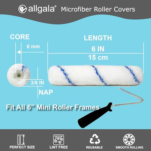 Allgala 6" Mini 3/8" Nap Shedless Microfiber Paint Roller Cover for Door Trim Furniture Cabinets - 12 Pack - TH10380 - size: 6" Micro (Pack of 12)