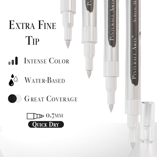 Pinturale Arts White Paint Pen Fine Tip | Set 4 White Acrylic Paint Pen Fine Tip 0,7mm For Black Paper, Ceramics, Rock Painting, Glass, Wood, Canvas, Metal