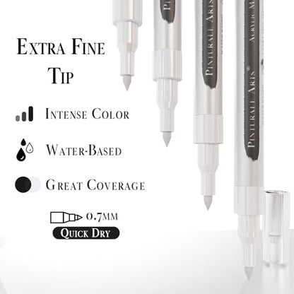 Pinturale Arts White Paint Pen Fine Tip | Set 4 White Acrylic Paint Pen Fine Tip 0,7mm For Black Paper, Ceramics, Rock Painting, Glass, Wood, Canvas, Metal