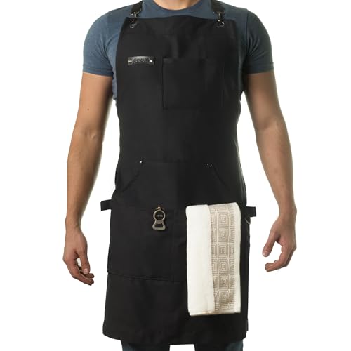 Asaya Chef and BBQ Apron with Bottle Opener and Hand Towel - 10oz Cotton Canvas, Stainless Steel Hardware - Cross Back Straps - color: Black