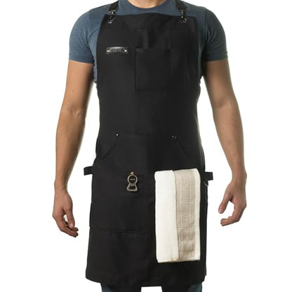 Asaya Chef and BBQ Apron with Bottle Opener and Hand Towel - 10oz Cotton Canvas, Stainless Steel Hardware - Cross Back Straps - color: Black